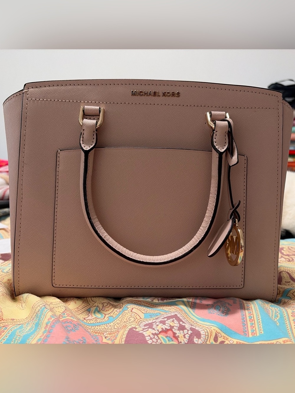 Michael Kors Blush Saffiano Leather Tote with Gold-Tone Logo Charm